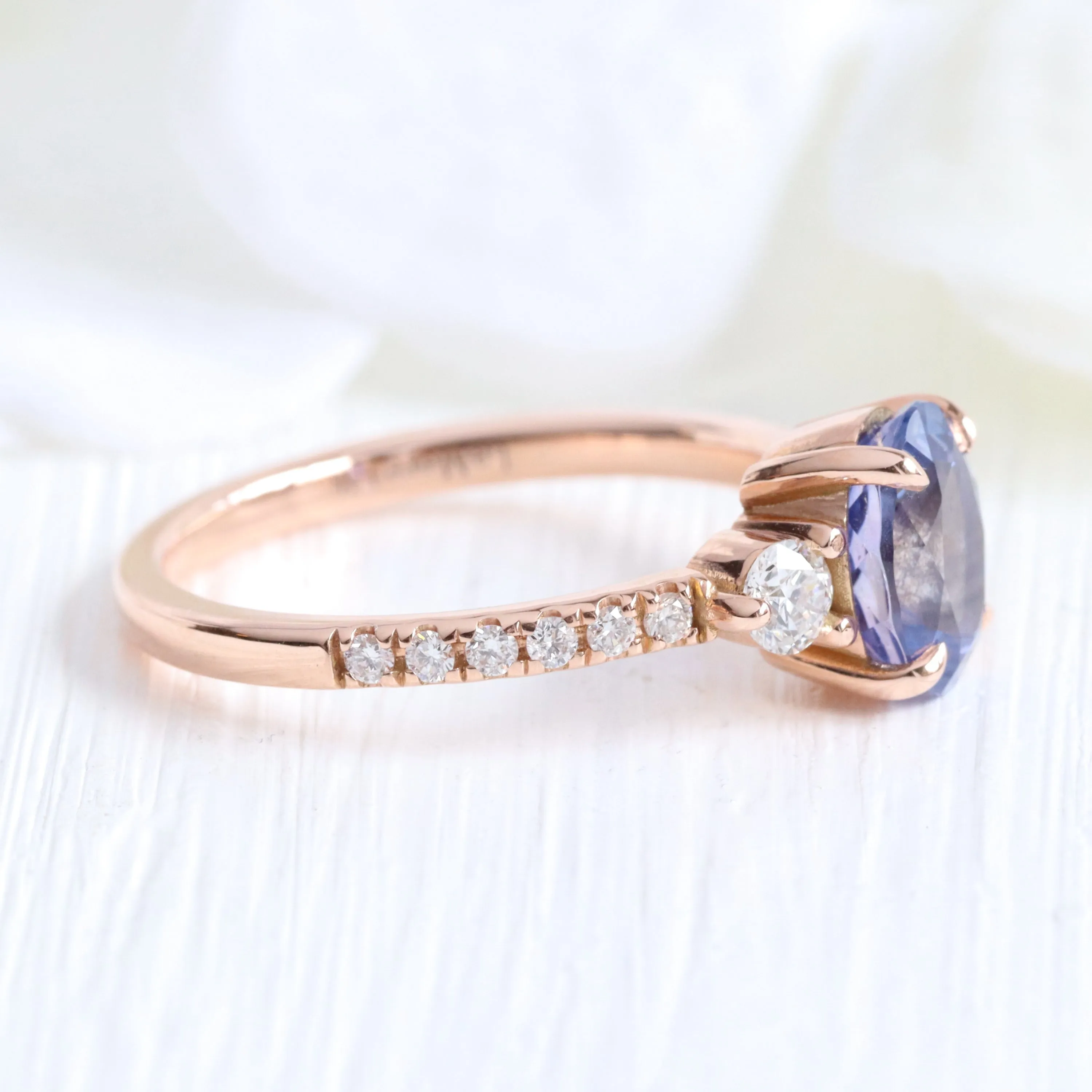 2.18 Ct Purple Sapphire 3 Stone Ring in 14k Rose Gold Pave Diamond Band, Size 6.5