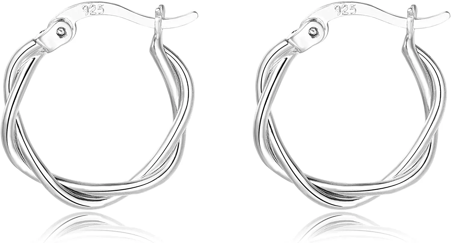 3 Pairs Small Silver Hoop Earrings- 925 Sterling Silver Post 14K White Gold Plated Small Hoop Earrings Set| Twisted Silver Hoop Earrings for Women Men Girls 13/15/20mm