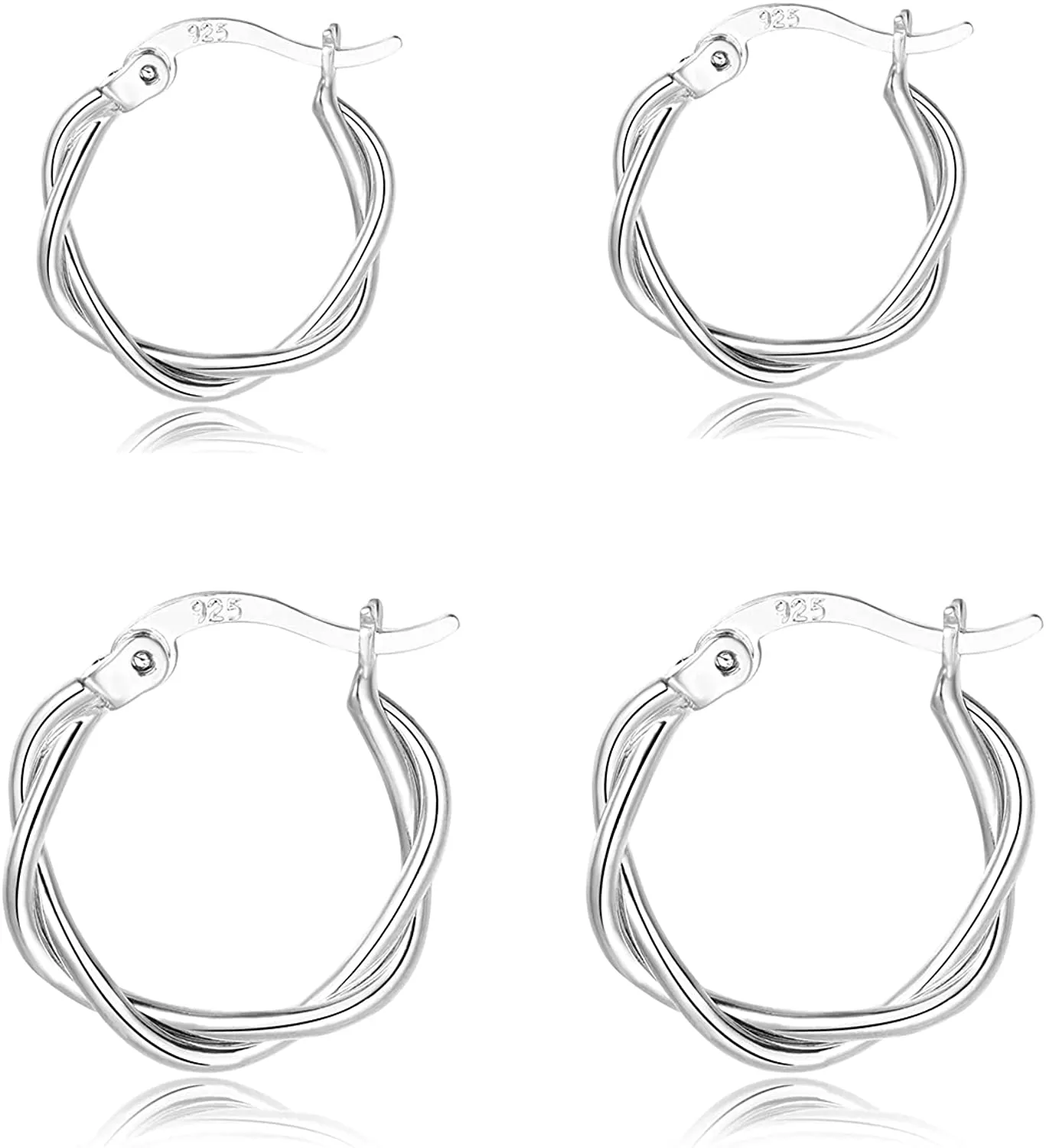3 Pairs Small Silver Hoop Earrings- 925 Sterling Silver Post 14K White Gold Plated Small Hoop Earrings Set| Twisted Silver Hoop Earrings for Women Men Girls 13/15/20mm