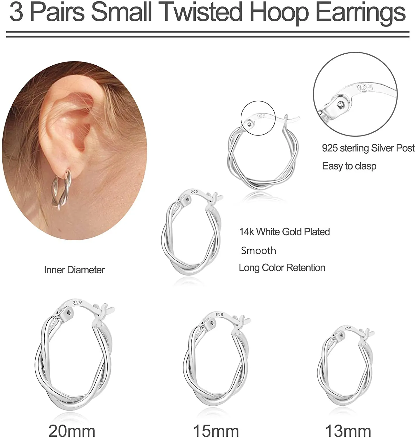 3 Pairs Small Silver Hoop Earrings- 925 Sterling Silver Post 14K White Gold Plated Small Hoop Earrings Set| Twisted Silver Hoop Earrings for Women Men Girls 13/15/20mm