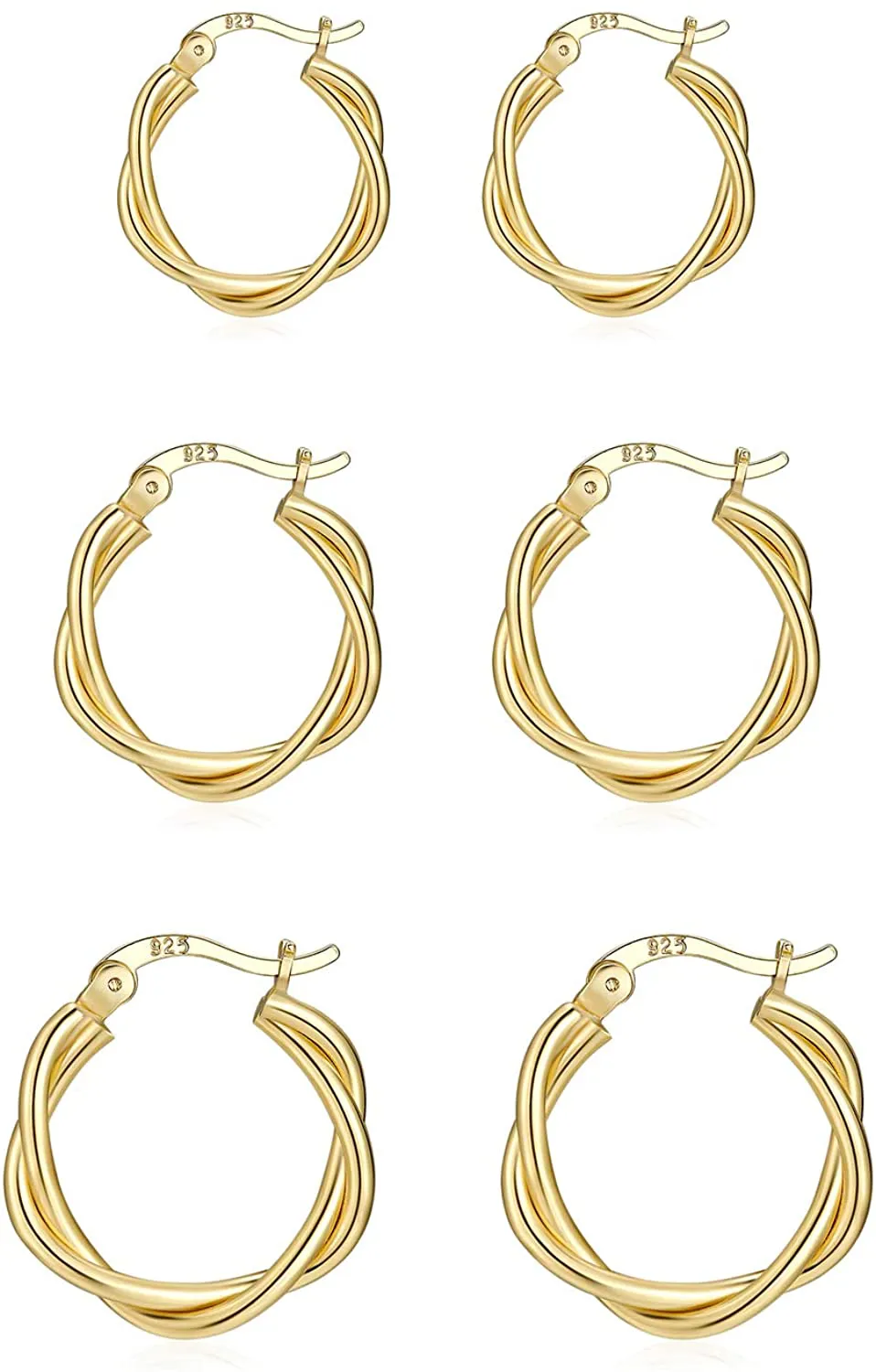 3 Pairs Small Silver Hoop Earrings- 925 Sterling Silver Post 14K White Gold Plated Small Hoop Earrings Set| Twisted Silver Hoop Earrings for Women Men Girls 13/15/20mm