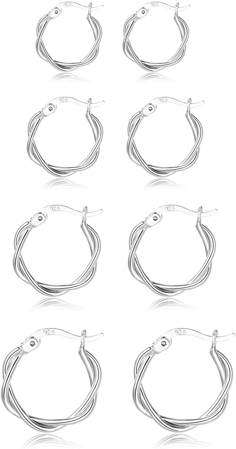 3 Pairs Small Silver Hoop Earrings- 925 Sterling Silver Post 14K White Gold Plated Small Hoop Earrings Set| Twisted Silver Hoop Earrings for Women Men Girls 13/15/20mm
