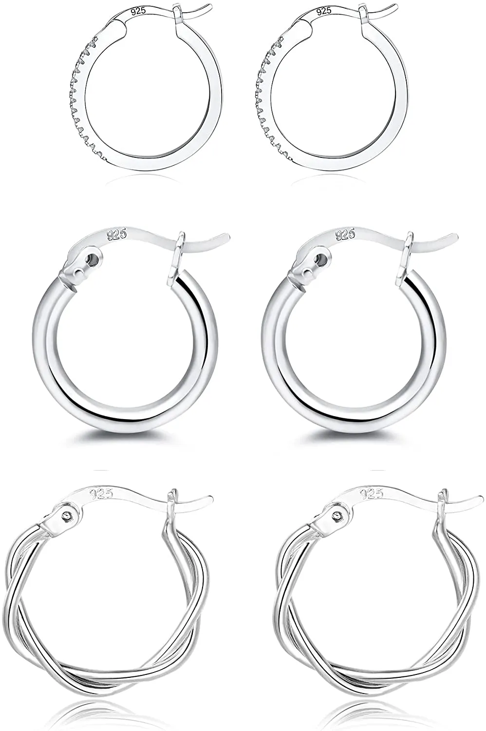 3 Pairs Small Silver Hoop Earrings- 925 Sterling Silver Post 14K White Gold Plated Small Hoop Earrings Set| Twisted Silver Hoop Earrings for Women Men Girls 13/15/20mm