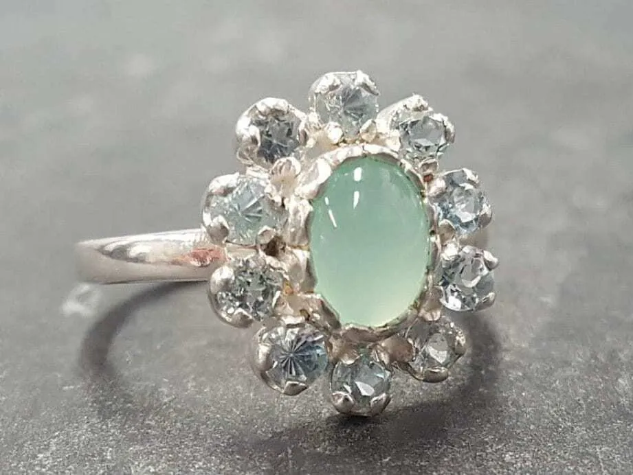 Chrysoprase Ring - Blue Flower Ring - Victorian Topaz Ring