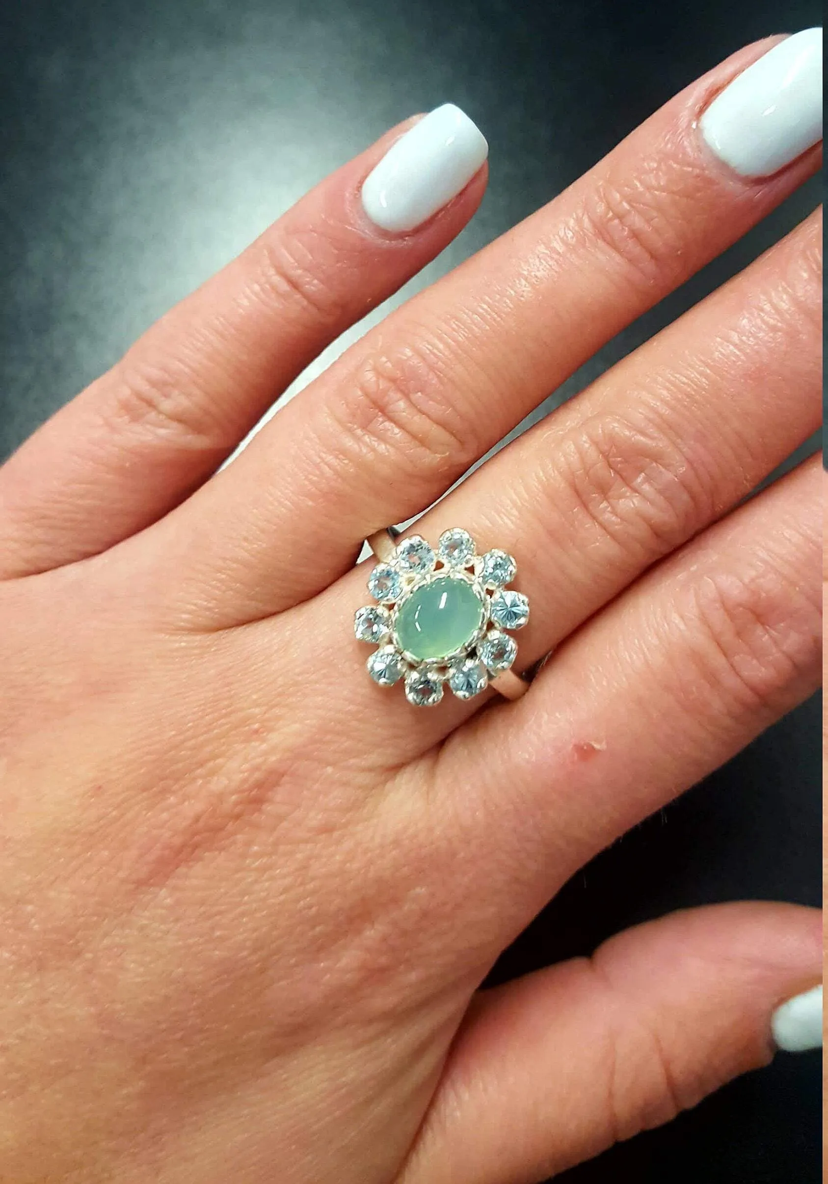 Chrysoprase Ring - Blue Flower Ring - Victorian Topaz Ring