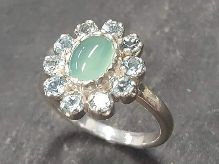 Chrysoprase Ring - Blue Flower Ring - Victorian Topaz Ring
