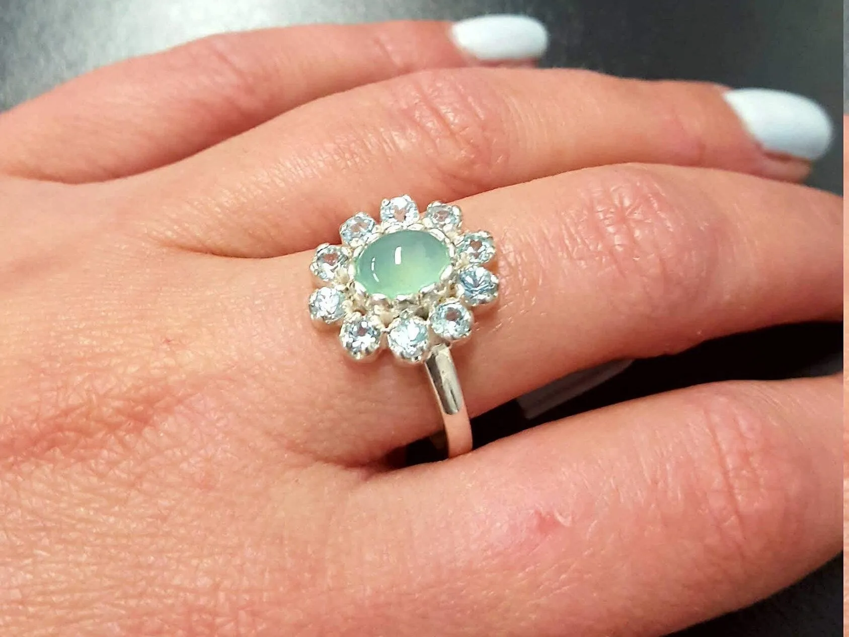 Chrysoprase Ring - Blue Flower Ring - Victorian Topaz Ring