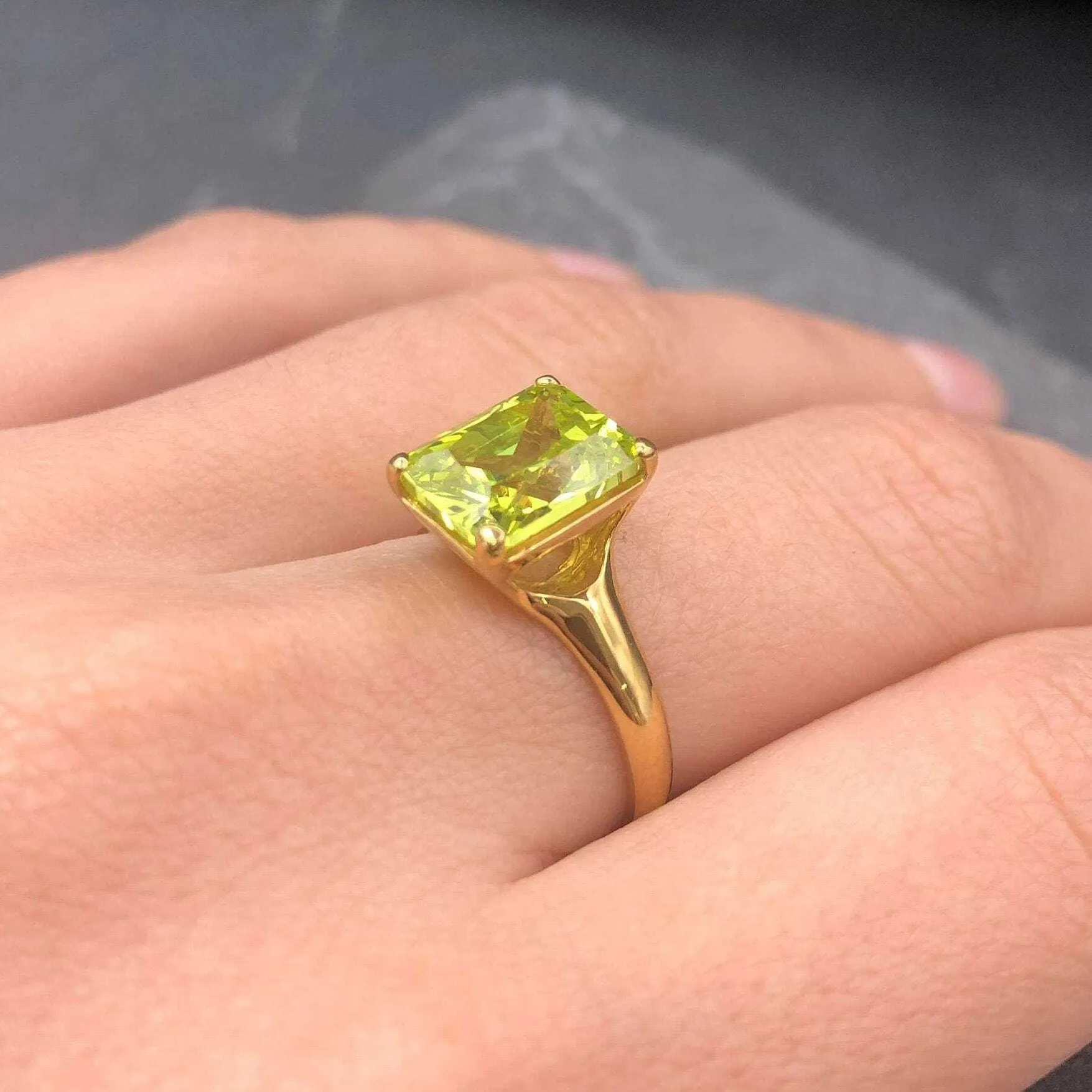 Green Diamond Gold Ring - Solitaire Ring, Emerald Cut Ring, Green Gemstone Ring