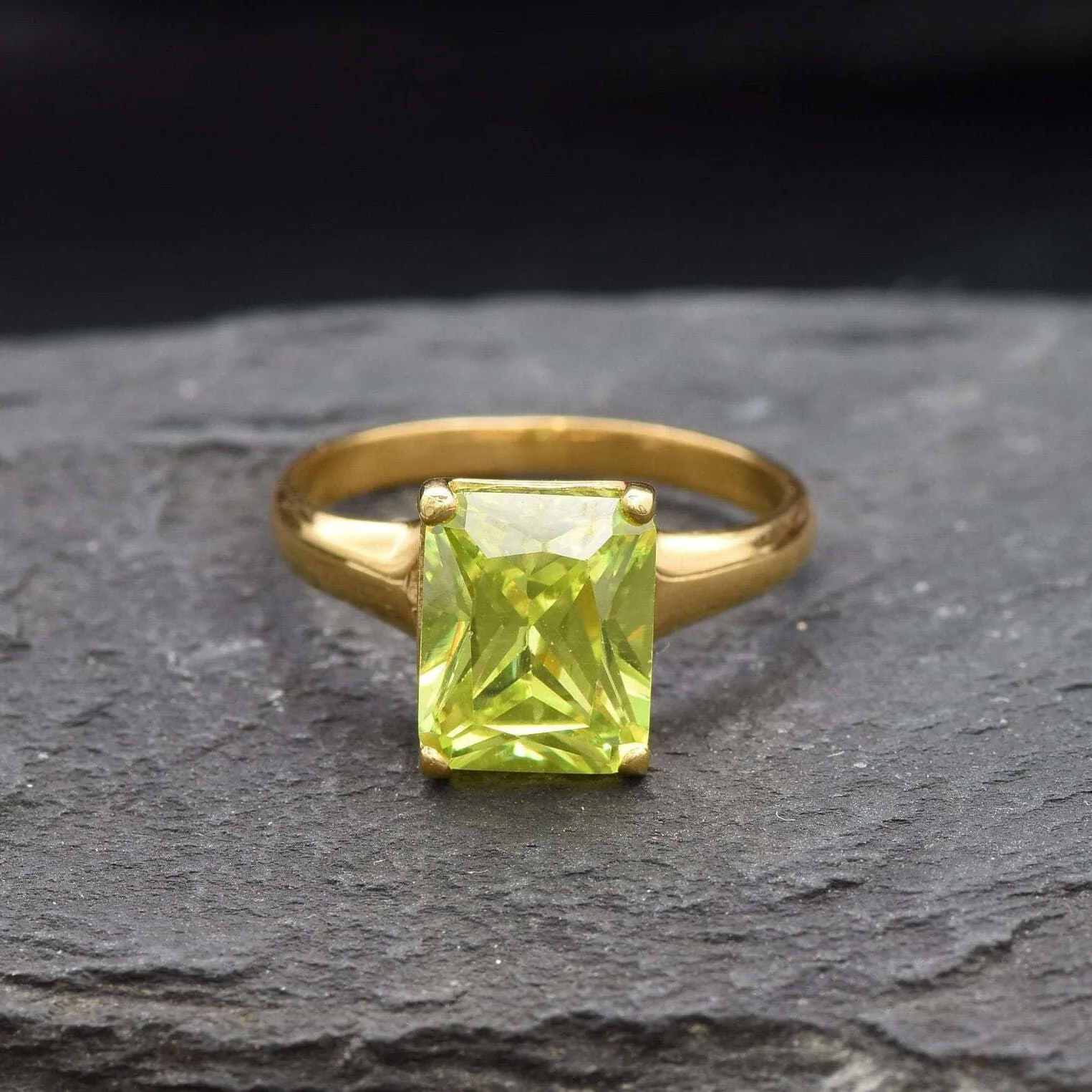 Green Diamond Gold Ring - Solitaire Ring, Emerald Cut Ring, Green Gemstone Ring