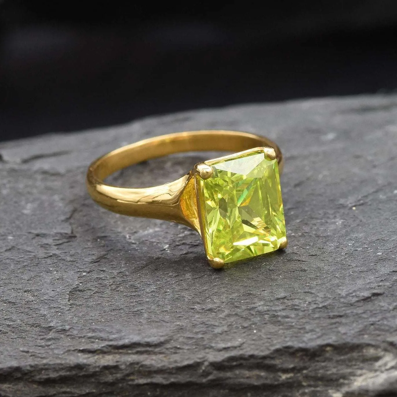 Green Diamond Gold Ring - Solitaire Ring, Emerald Cut Ring, Green Gemstone Ring