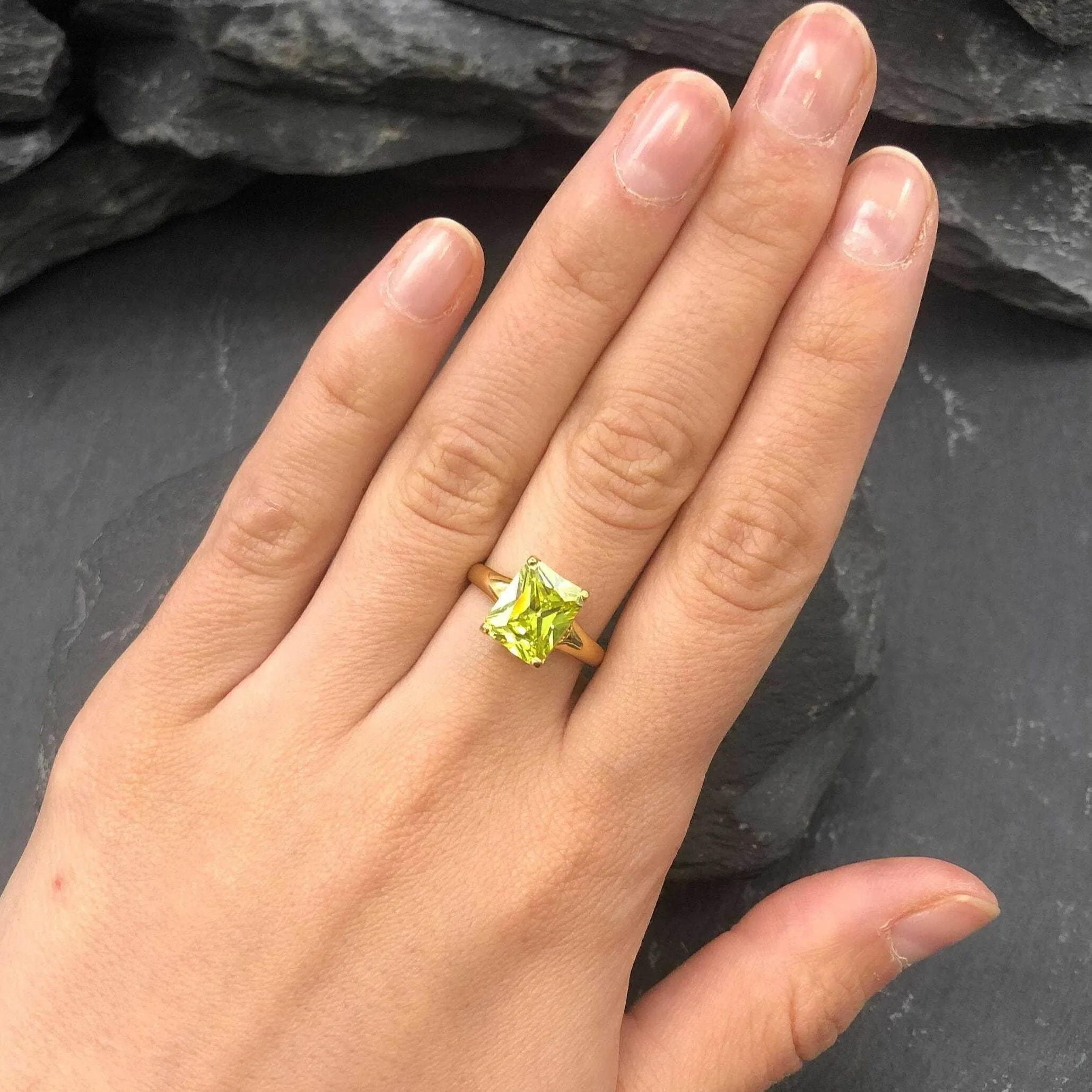 Green Diamond Gold Ring - Solitaire Ring, Emerald Cut Ring, Green Gemstone Ring