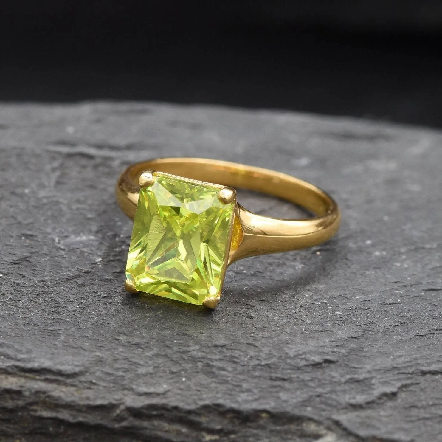 Green Diamond Gold Ring - Solitaire Ring, Emerald Cut Ring, Green Gemstone Ring