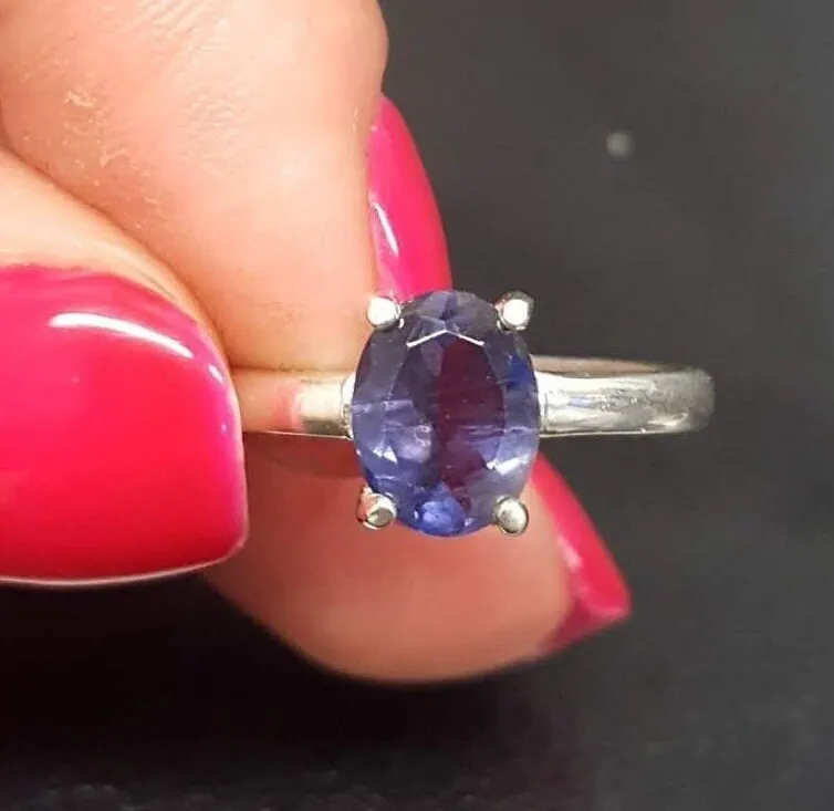 Iolite Ring - Blue Solitaire Ring - Silver Promise Ring