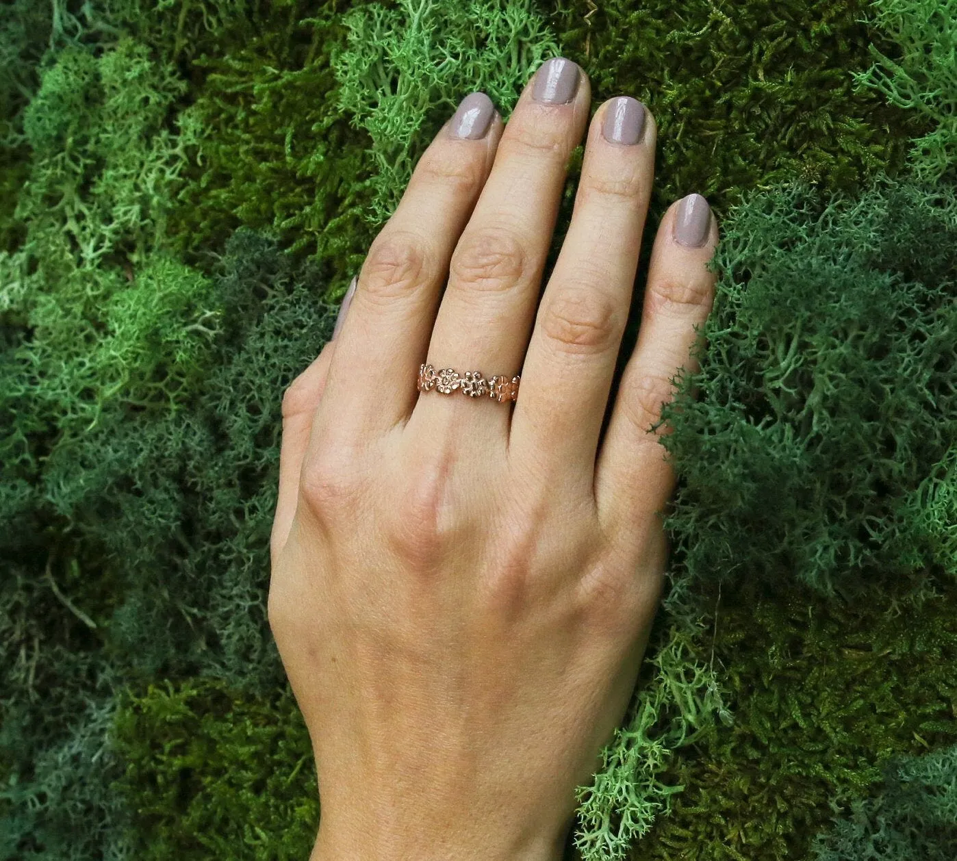 Pink Flower Ring - Rose Gold Eternity Band, Pink Flowers Ring