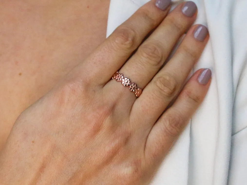 Pink Flower Ring - Rose Gold Eternity Band, Pink Flowers Ring