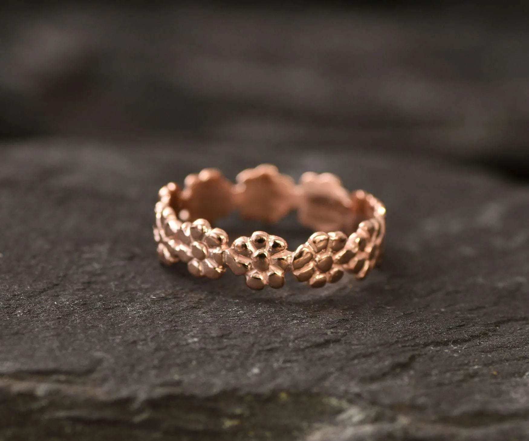 Pink Flower Ring - Rose Gold Eternity Band, Pink Flowers Ring