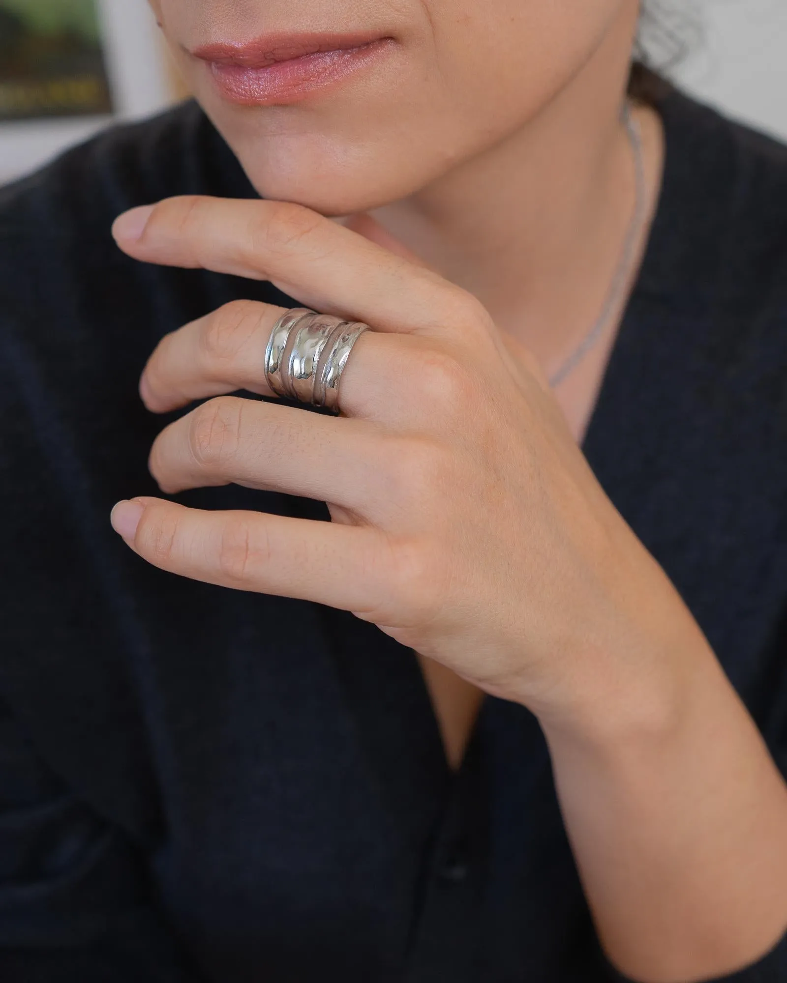 Silver Hammered Lines Ring