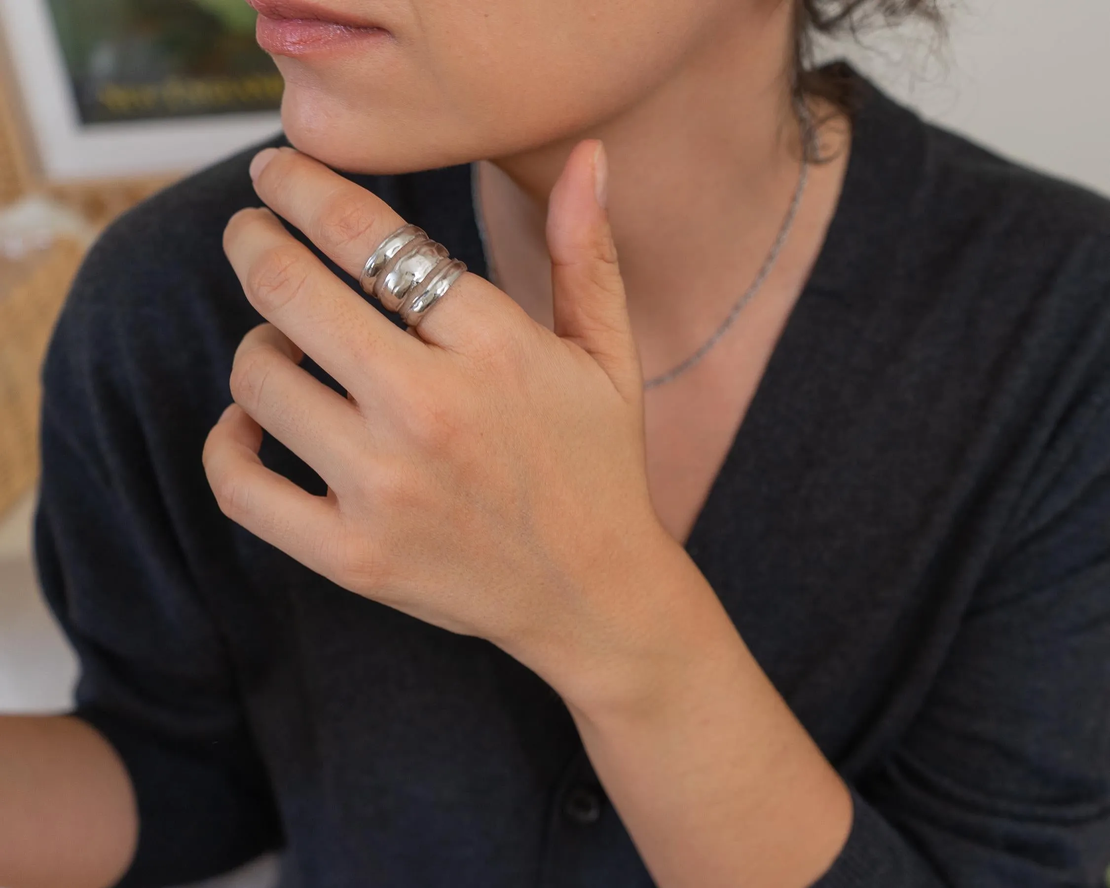 Silver Hammered Lines Ring