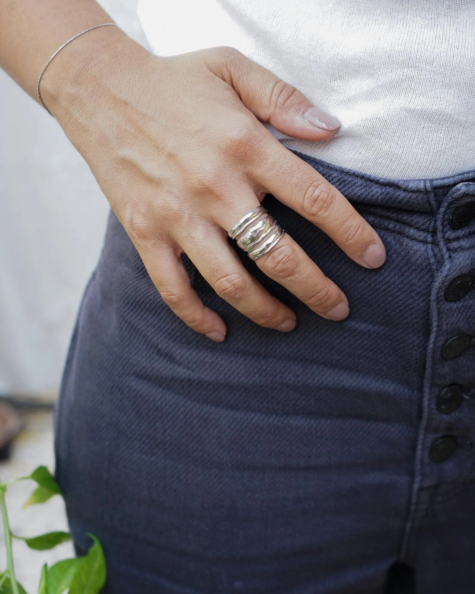 Silver Hammered Lines Ring