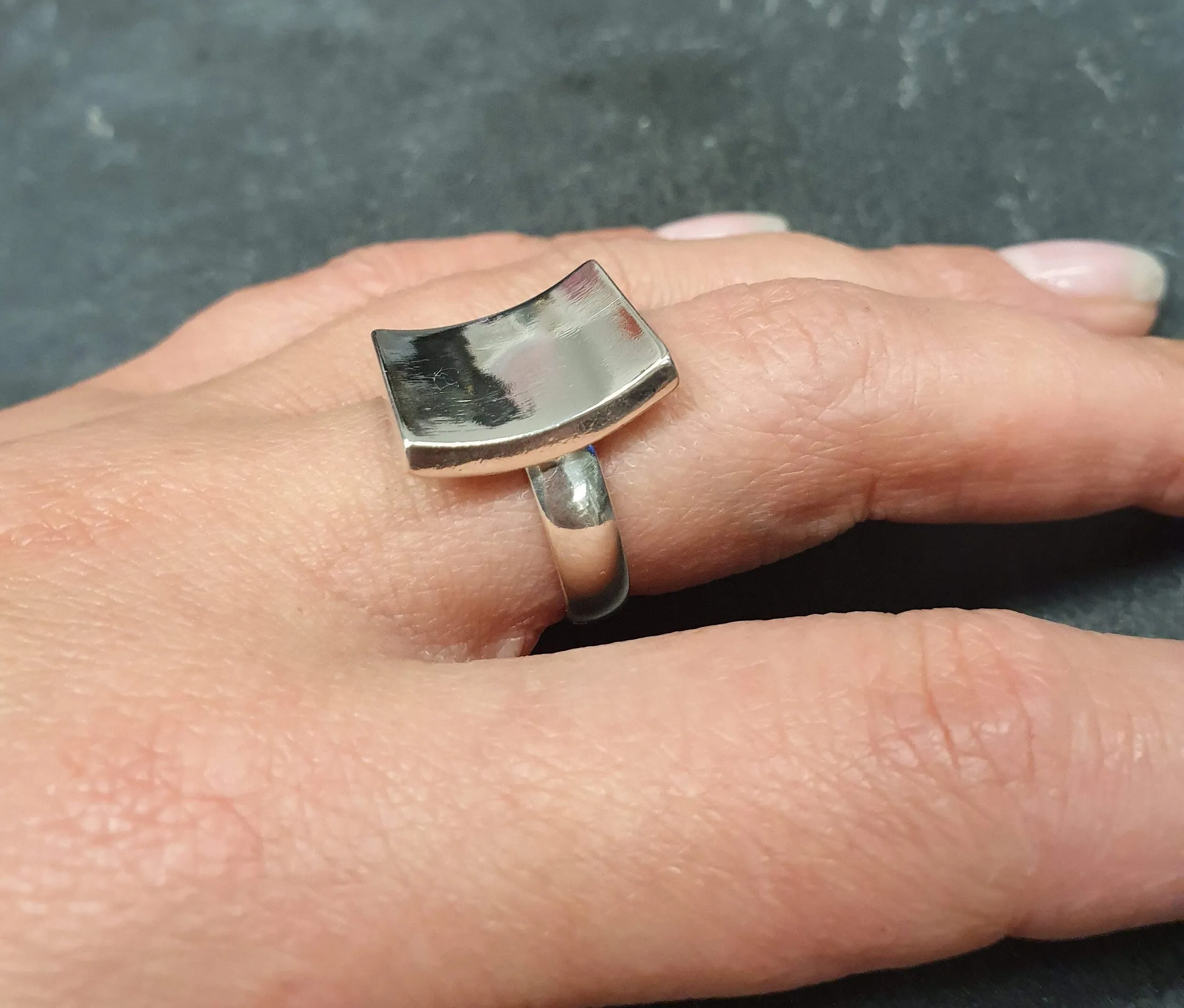 Silver Square Ring - Square Curved Ring - Large Square Ring