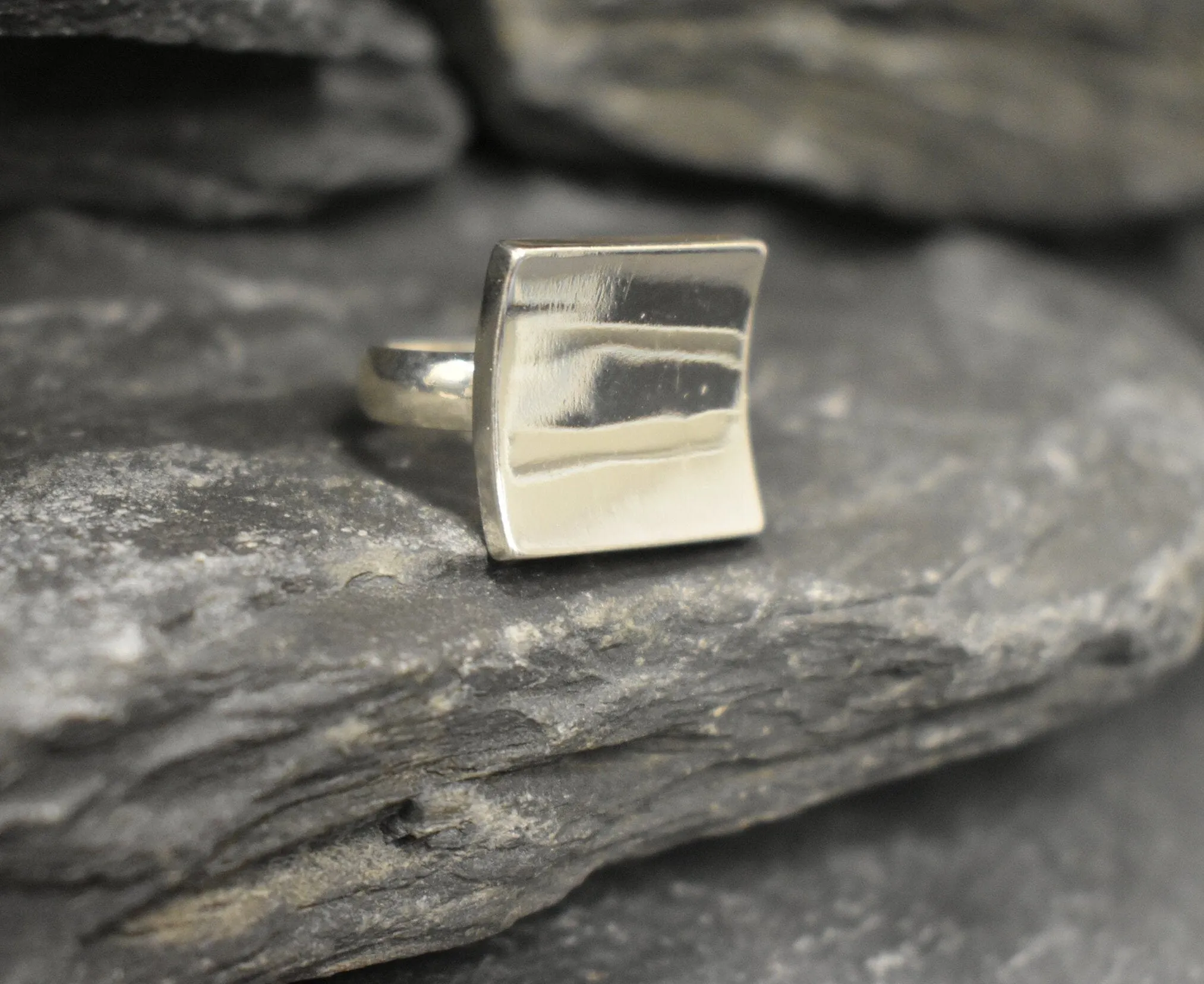 Silver Square Ring - Square Curved Ring - Large Square Ring