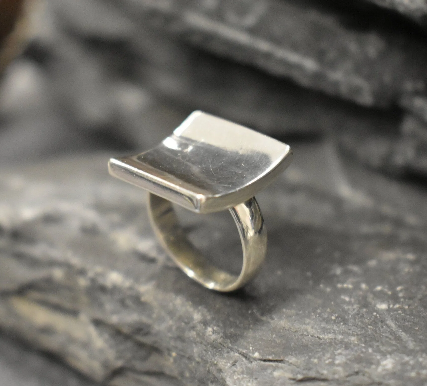 Silver Square Ring - Square Curved Ring - Large Square Ring