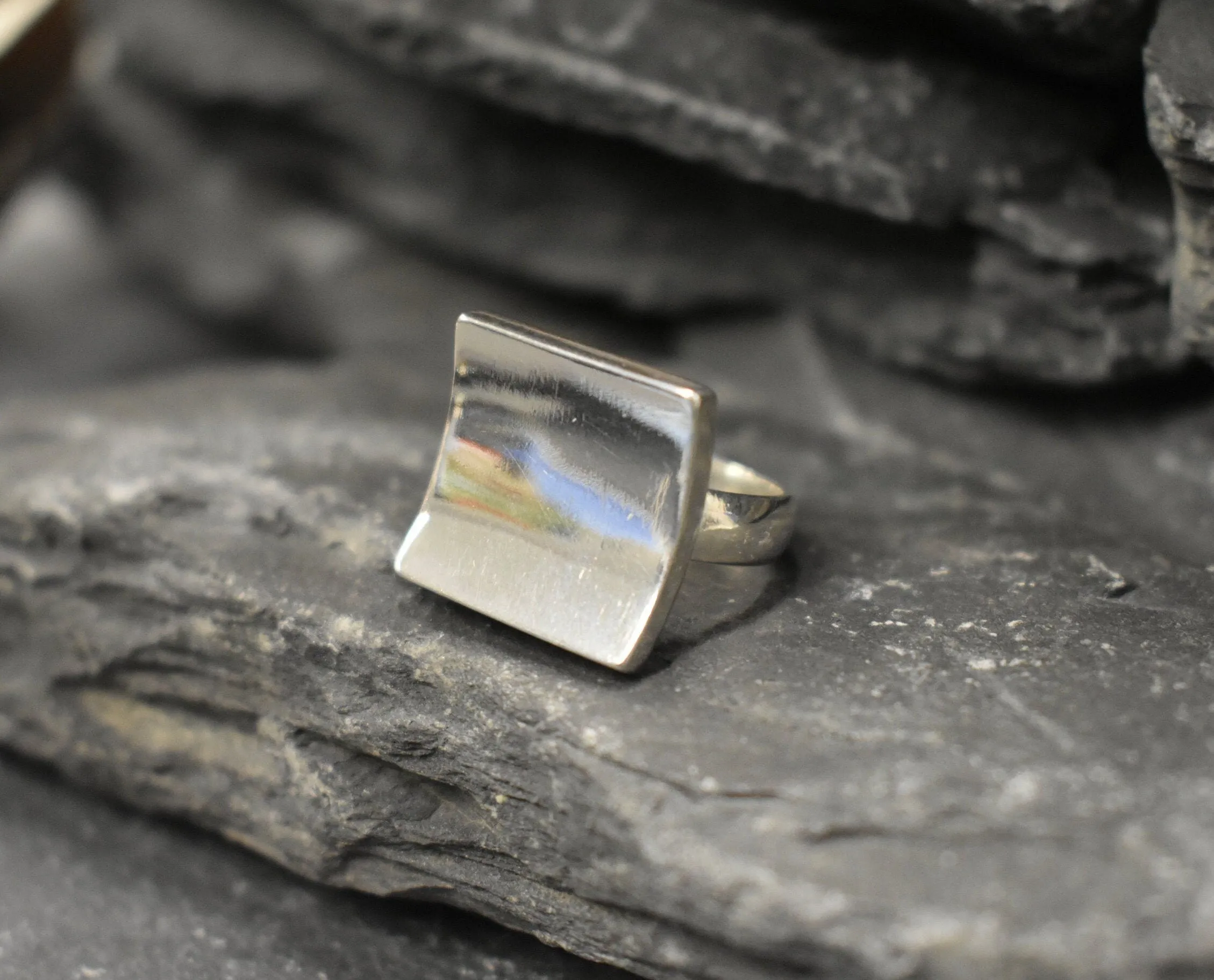 Silver Square Ring - Square Curved Ring - Large Square Ring