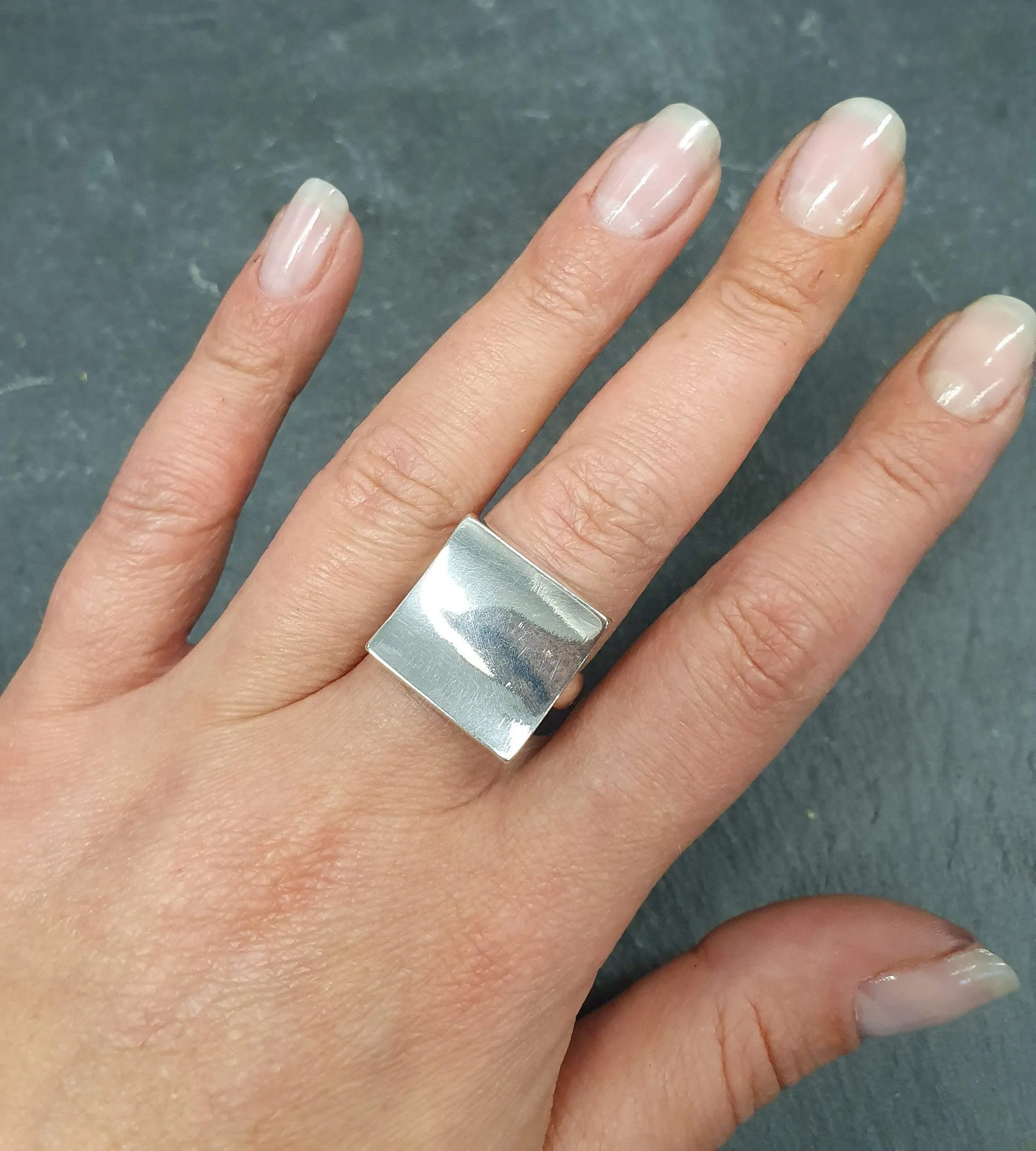 Silver Square Ring - Square Curved Ring - Large Square Ring