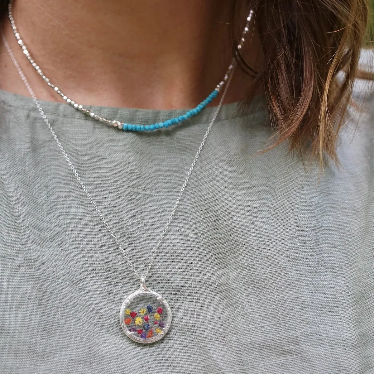 Small Glass Botanical Necklace - Recycled Sterling