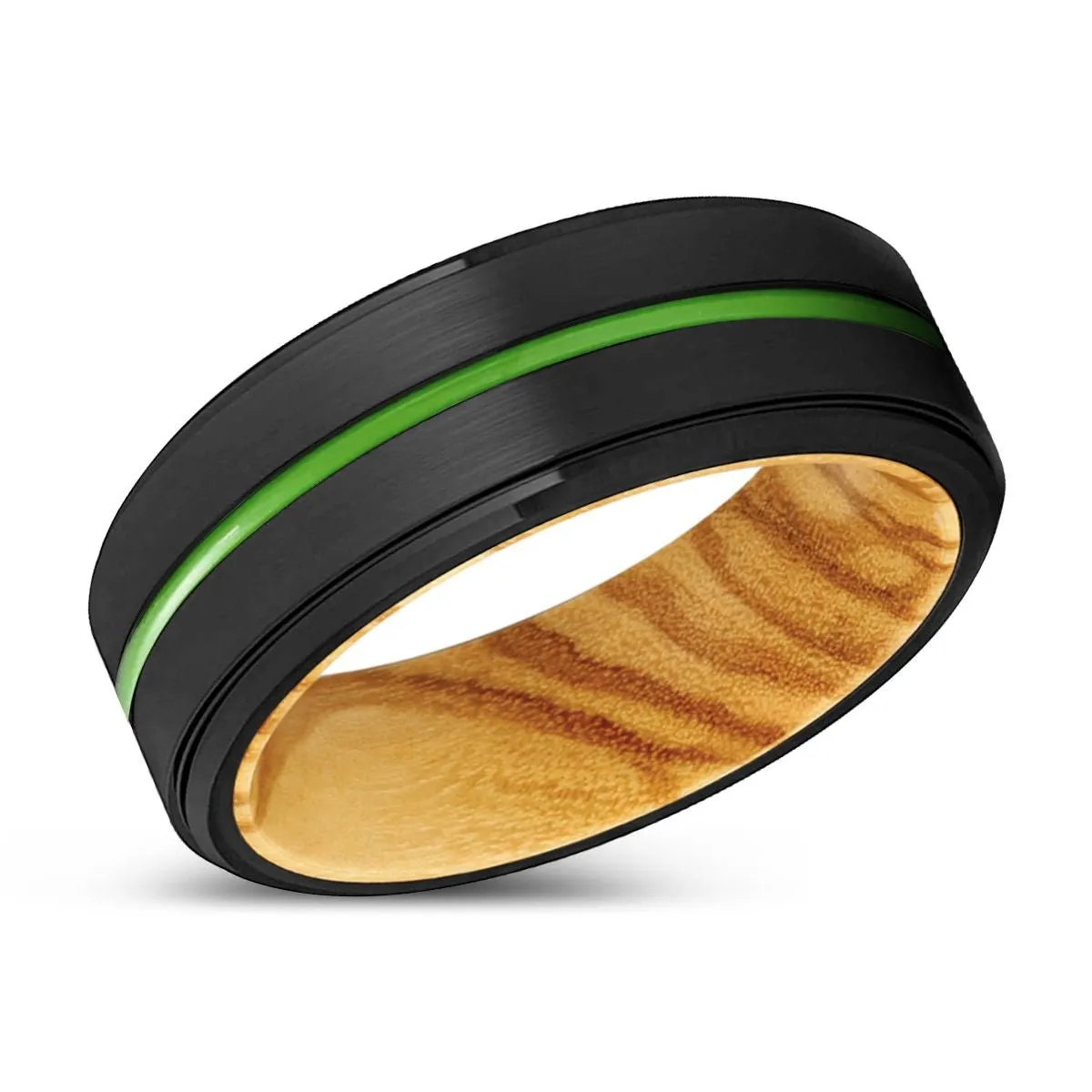 SUNNYVALE | Olive Wood, Black Tungsten Ring, Green Groove, Stepped Edge