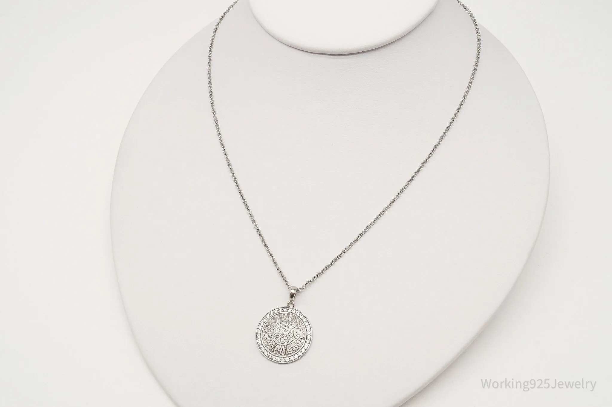 Vintage Ancient Tibet Coin Design CZ Sterling Silver Necklace 18"